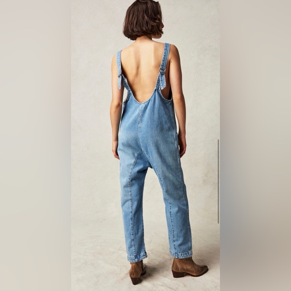 Free People High Roller Denim Jumpsuit Overalls Baggy Relaxed Size Large - Picture 7 of 7